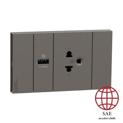 Schneider เต้ารับเดี่ยว 3 ขา + USB 1 ช่อง ประกอบสำเร็จรูป